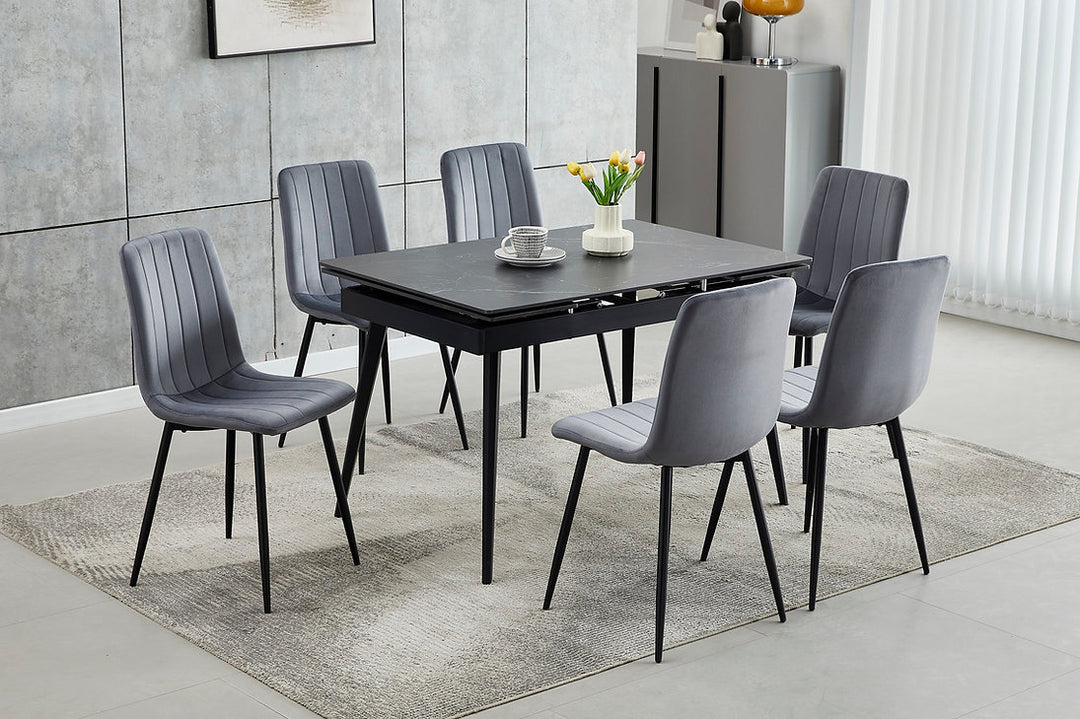 Moris 7-Piece Dining Table Set With Dark Grey Velvet Upholstered Chairs
