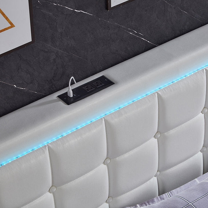 Mooney White PU Upholstered Platform Bed Frame With LED Lighting System