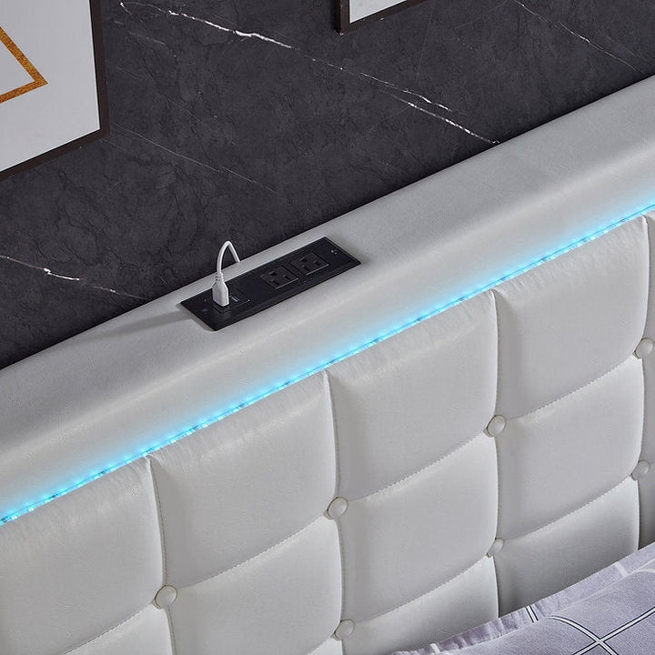 Mooney White PU Upholstered Platform Bed Frame With LED Lighting System