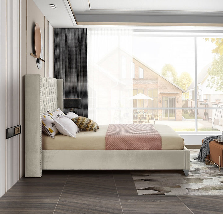 Suzon Cream Velvet Upholstered Platform Bed Frame With Button-Tufted Headboard