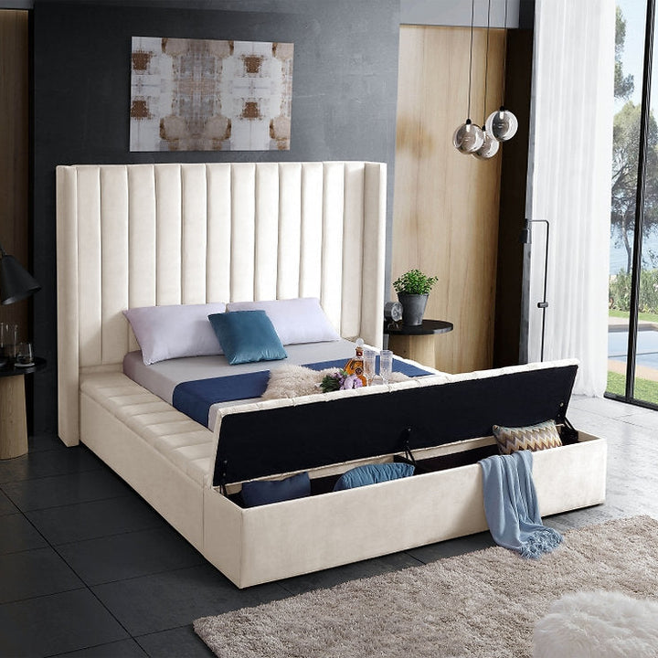 Jengo Beige Velvet Upholstered Platform Bed Frame With Storage Benches
