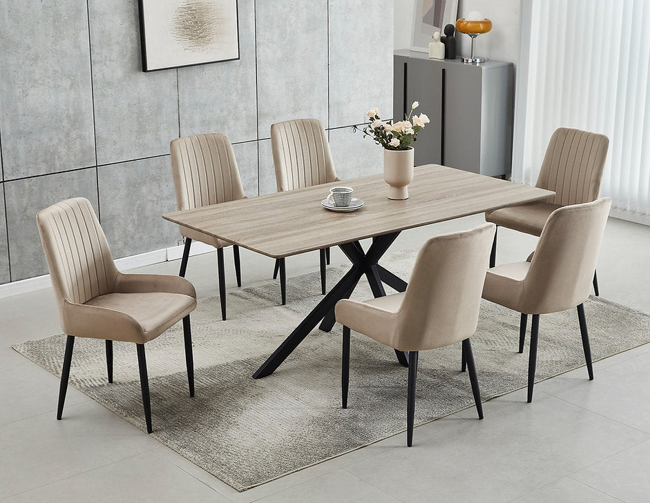 Cester 7-Piece Dining Table Set With Beige Velvet Upholstered Chairs