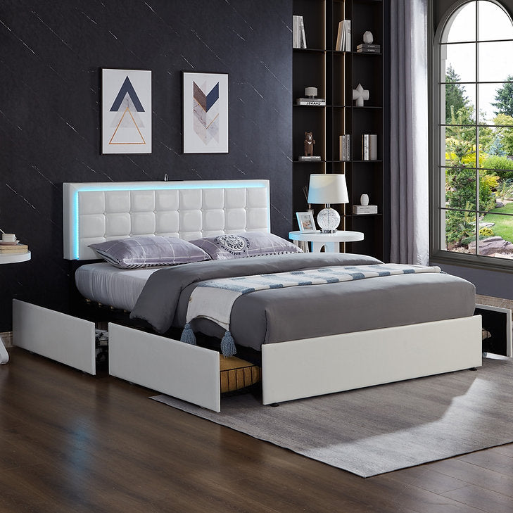 Mooney White PU Upholstered Platform Bed Frame With LED Lighting System