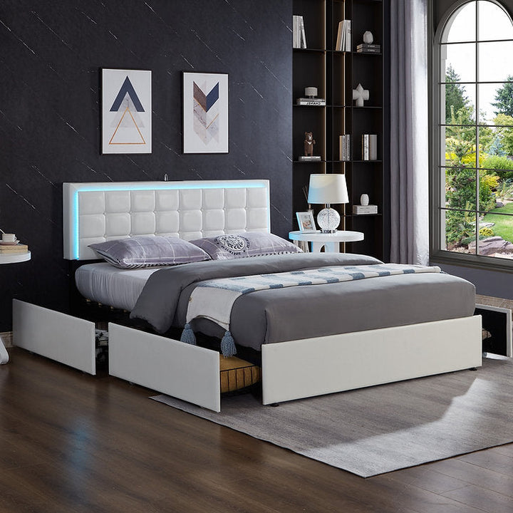 Mooney White PU Upholstered Platform Bed Frame With LED Lighting System