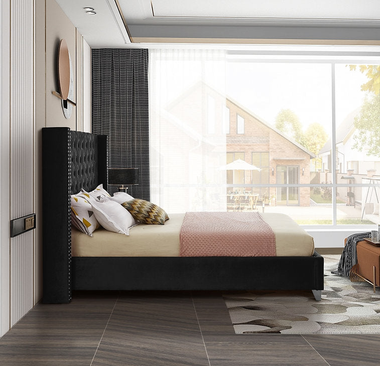 Suzon Black Velvet Upholstered Platform Bed Frame With Button-Tufted Headboard