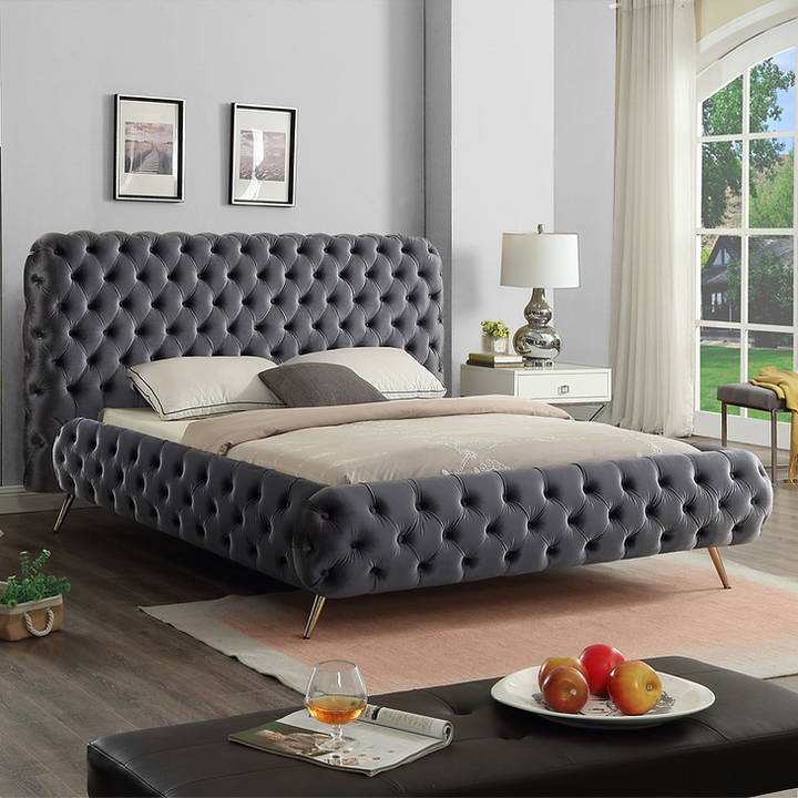 Shaun Grey Velvet Upholstered Platform Bed Frame With Tufted Headboard