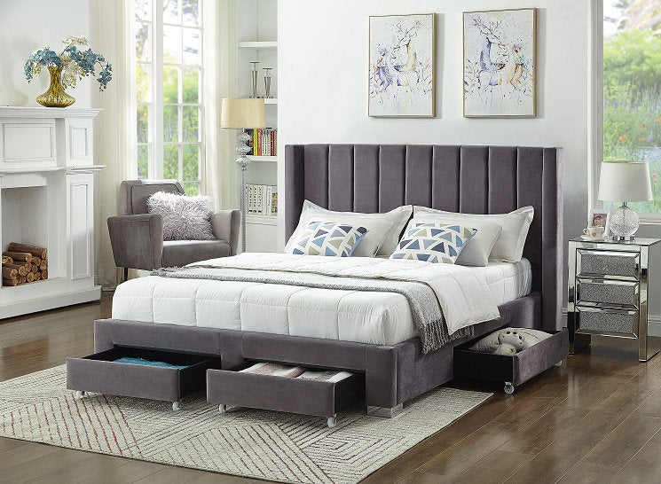 Simpala Velvet Upholstered Platform Bed Frame In Grey Finish