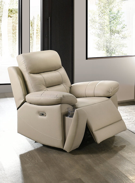 Jersey Beige Power Recliner Chair In Leather Upholstery