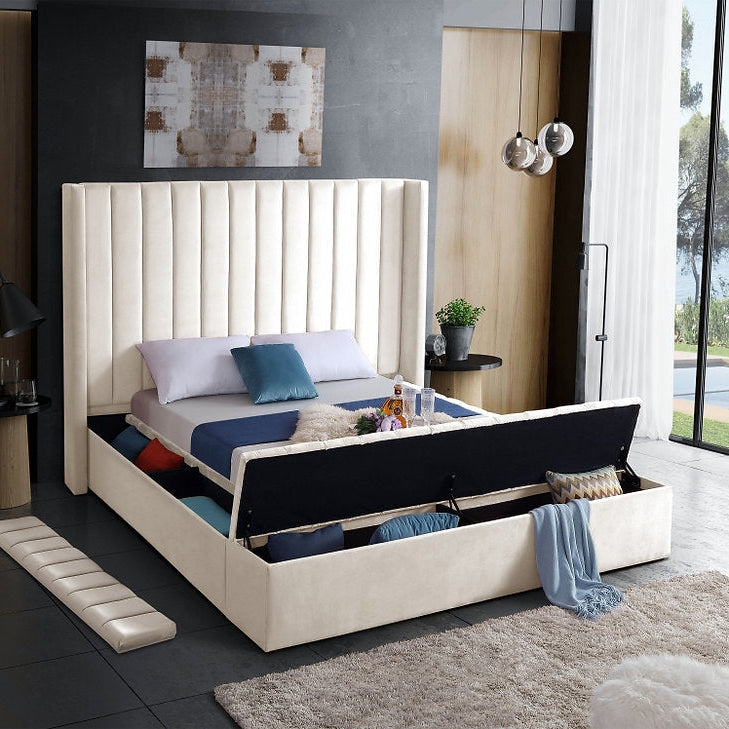 Jengo Beige Velvet Upholstered Platform Bed Frame With Storage Benches