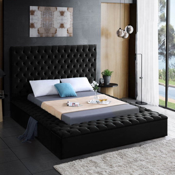 Vettori Black Velvet Upholstered Platform Bed Frame With Built-in Storage Benches