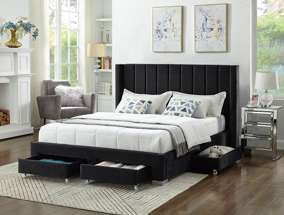 Simpala Velvet Upholstered Platform Bed Frame In Black Finish