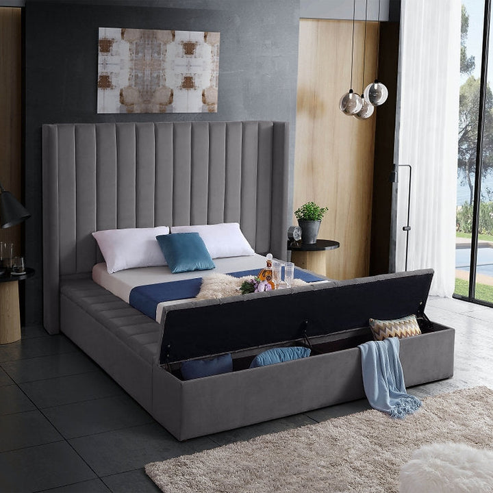 Jengo Grey Velvet Upholstered Platform Bed Frame With Storage Benches