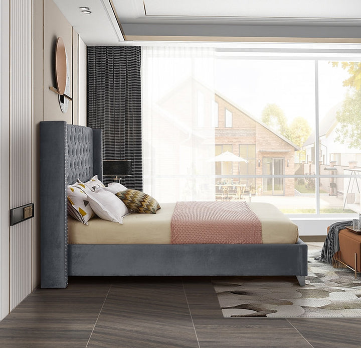 Suzon Grey Velvet Upholstered Platform Bed Frame With Button-Tufted Headboard