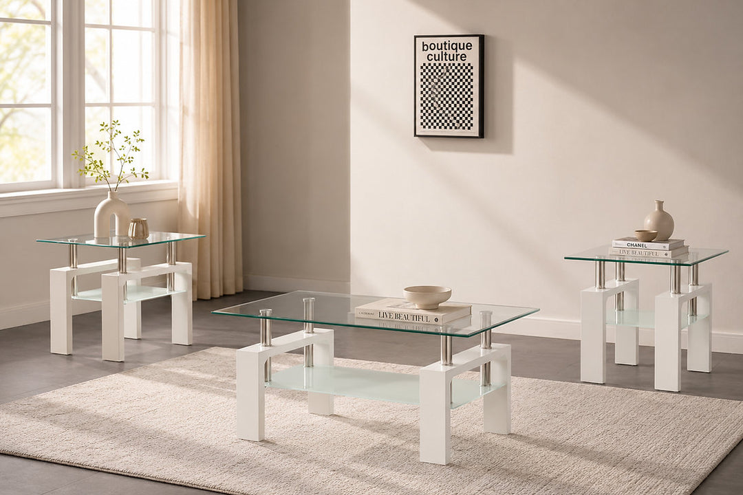 Odien White 3-Piece Coffee Table Set With Tempered Glass Top