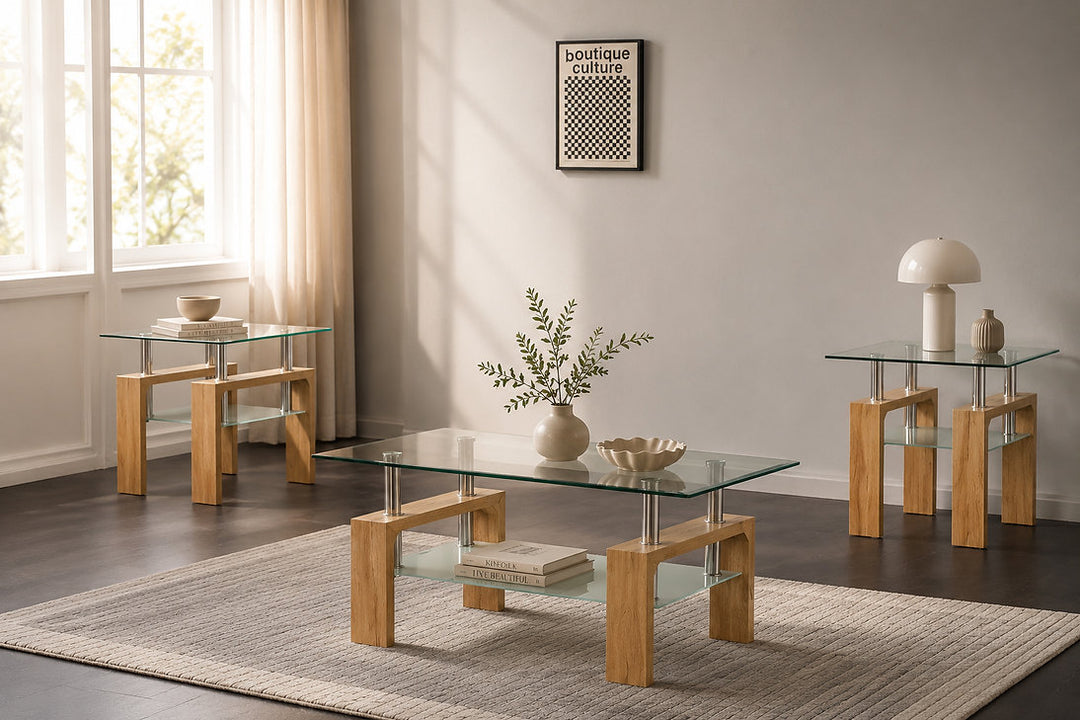 Odien Brown 3-Piece Coffee Table Set With Tempered Glass Top