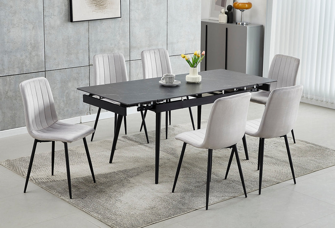 Moris 7-Piece Dining Table Set With Light Grey Velvet Upholstered Chairs
