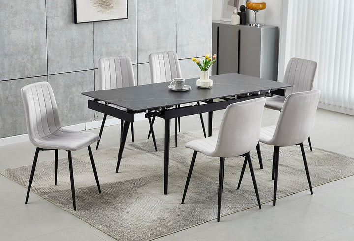Moris 7-Piece Dining Table Set With Light Grey Velvet Upholstered Chairs