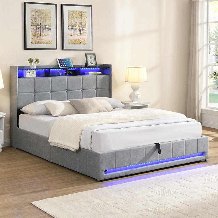 Kairen Grey Fabric Upholstered Platform Bed Frame With LED Lighting System