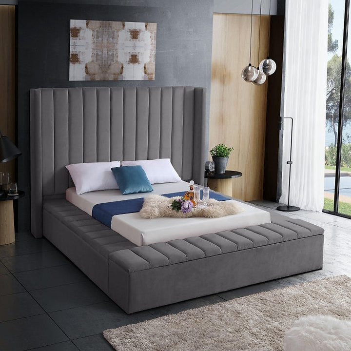 Jengo Grey Velvet Upholstered Platform Bed Frame With Storage Benches