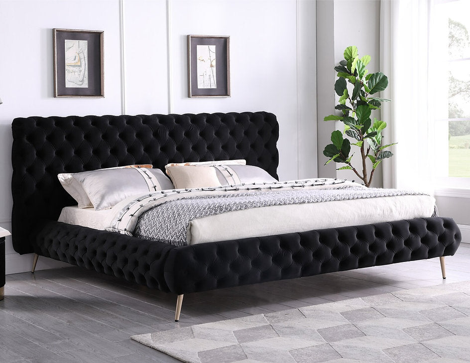 Shaun Black Velvet Upholstered Platform Bed Frame With Tufted Headboard