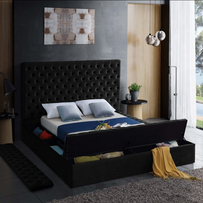 Vettori Black Velvet Upholstered Platform Bed Frame With Built-in Storage Benches
