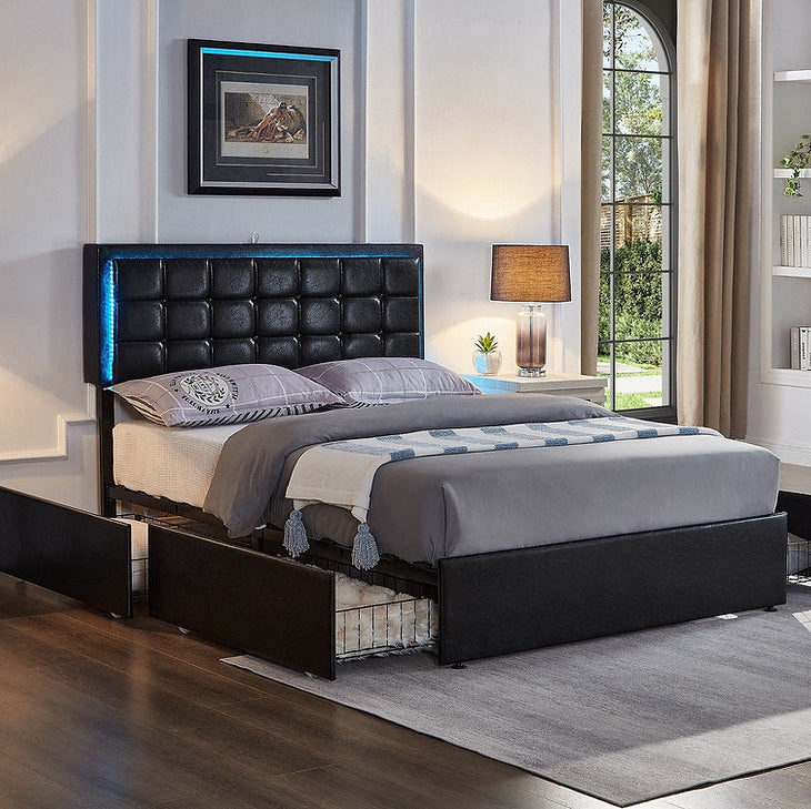 Mooney Black PU Upholstered Platform Bed Frame With LED Lighting System