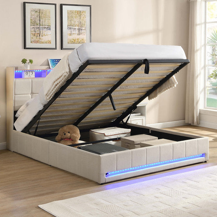 Kairen Beige Fabric Upholstered Platform Bed Frame With LED Lighting System