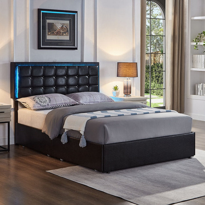 Mooney Black PU Upholstered Platform Bed Frame With LED Lighting System