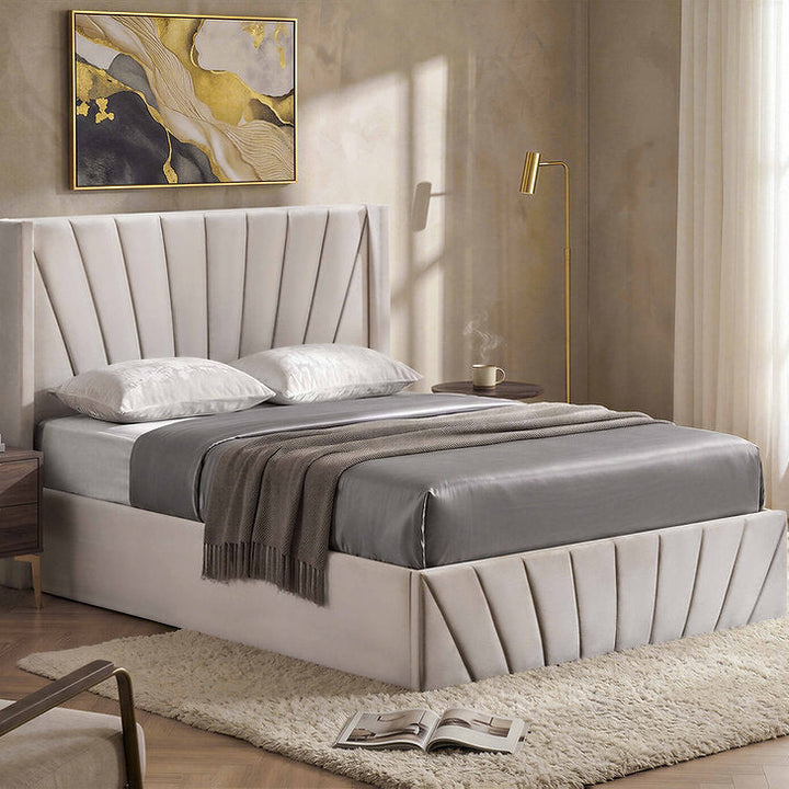 Konas Ivory Velvet Upholstered Smart Storage Platform Bed Frame