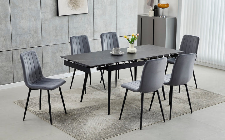 Moris 7-Piece Dining Table Set With Dark Grey Velvet Upholstered Chairs