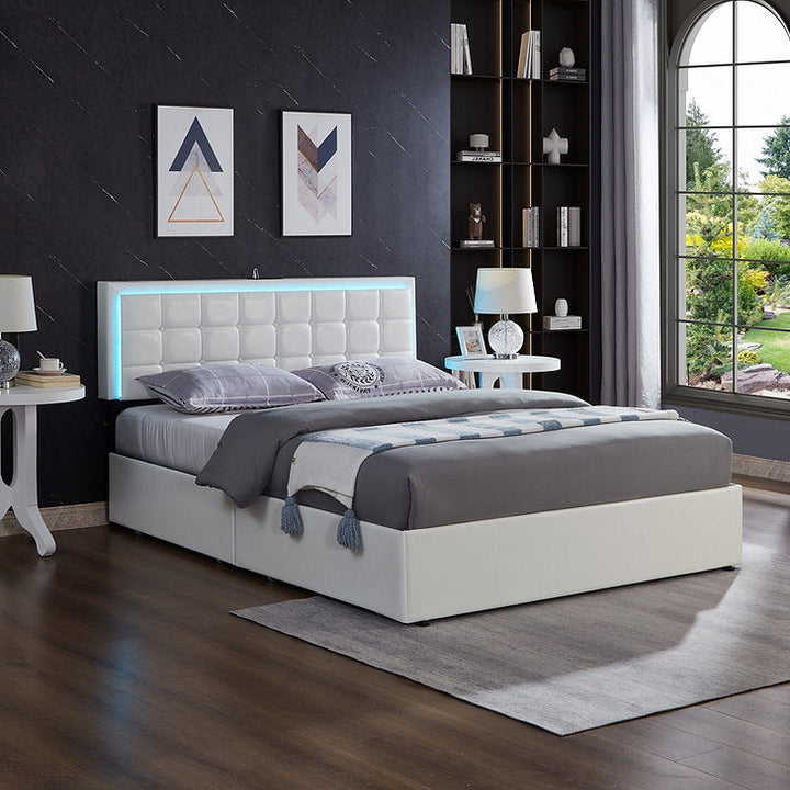 Mooney White PU Upholstered Platform Bed Frame With LED Lighting System