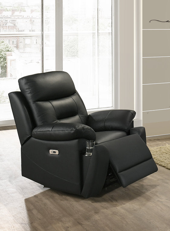 Jersey Black Power Recliner Chair In Leather Upholstery
