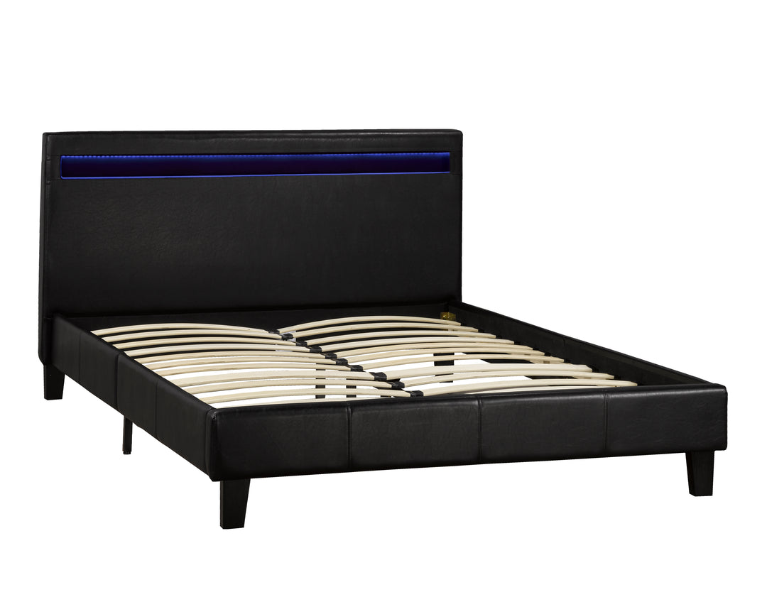 Full Platform Bed in Sleek Black with LED Lighted Headboard - Contemporary Style, Multi-Color Lighting, and Storage Space