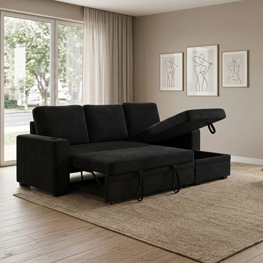 Robin Fabric Upholstered Sectional Sofa Bed With Reversible Storage Chaise - Black