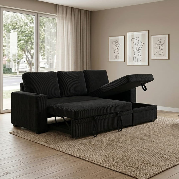 Robin Fabric Upholstered Sectional Sofa Bed With Reversible Storage Chaise - Black