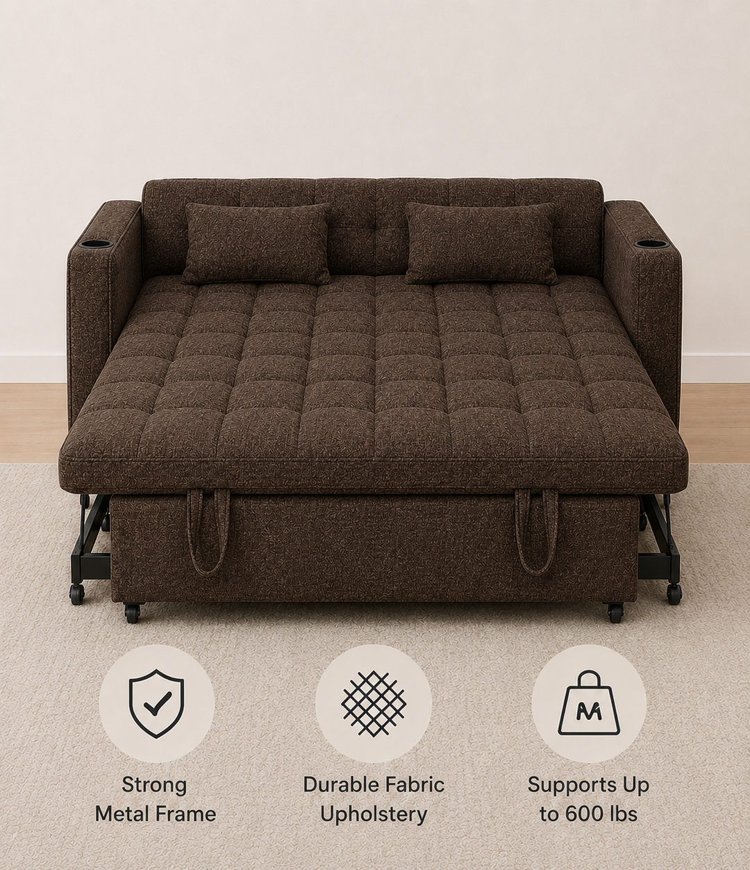 Aspire Fabric Upholstered Sofa Bed With USB Charging Ports - Brown