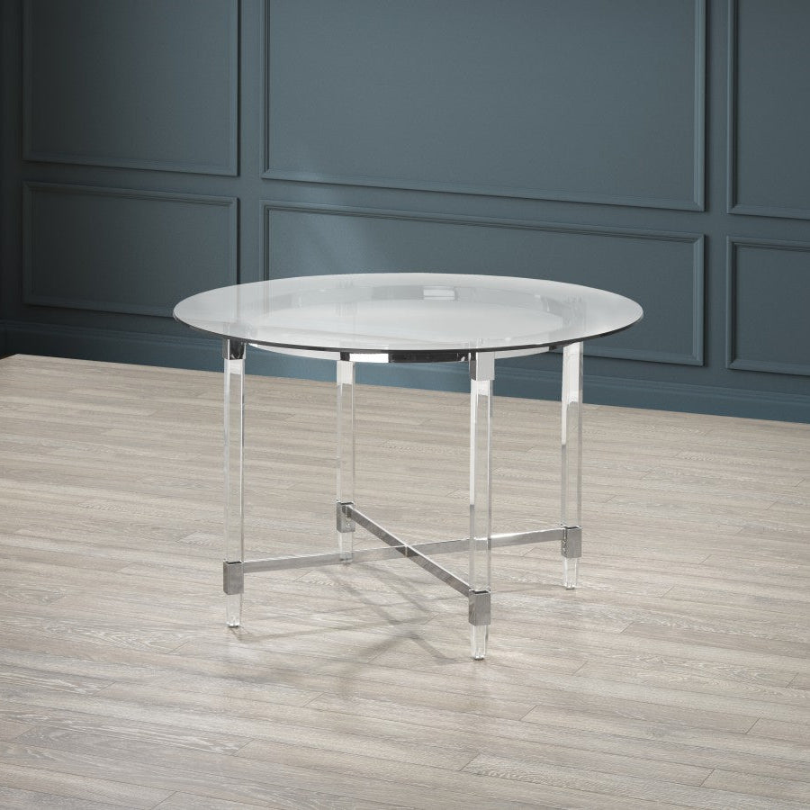 Vizk Tempered Glass Silver Dining Table With Metallic Base