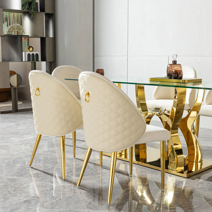 Trinity Metallic Dining Table Set For 6 With Fabric/ Leather Upholstered Chairs - Beige/ Gold