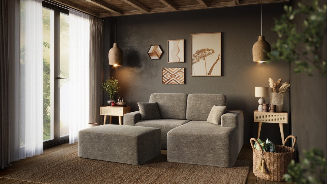 Lime Taupe Sectional Sofa With Ottoman In Fabric Upholstery