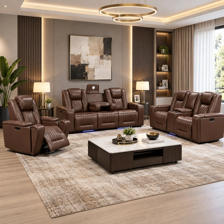 Vogue 3-Piece Power Recliner Set In Leathaire Upholstery - Chocolate