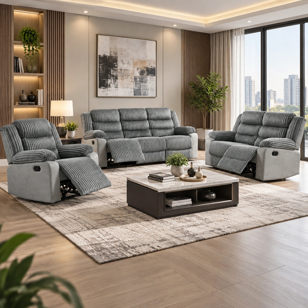 Nathan 3-Piece Grey Manual Recliner Set in Fabric Upholstery