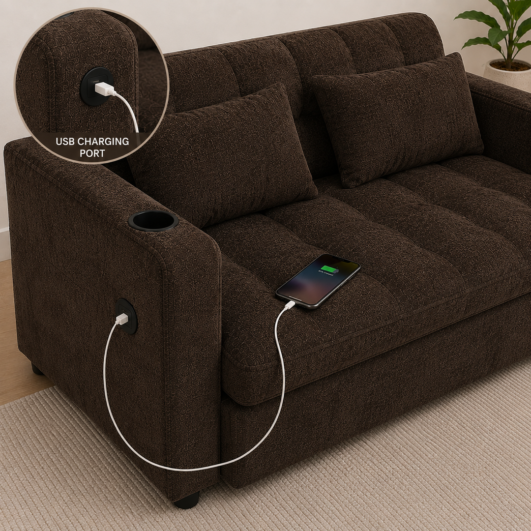 Aspire Fabric Upholstered Sofa Bed With USB Charging Ports - Brown