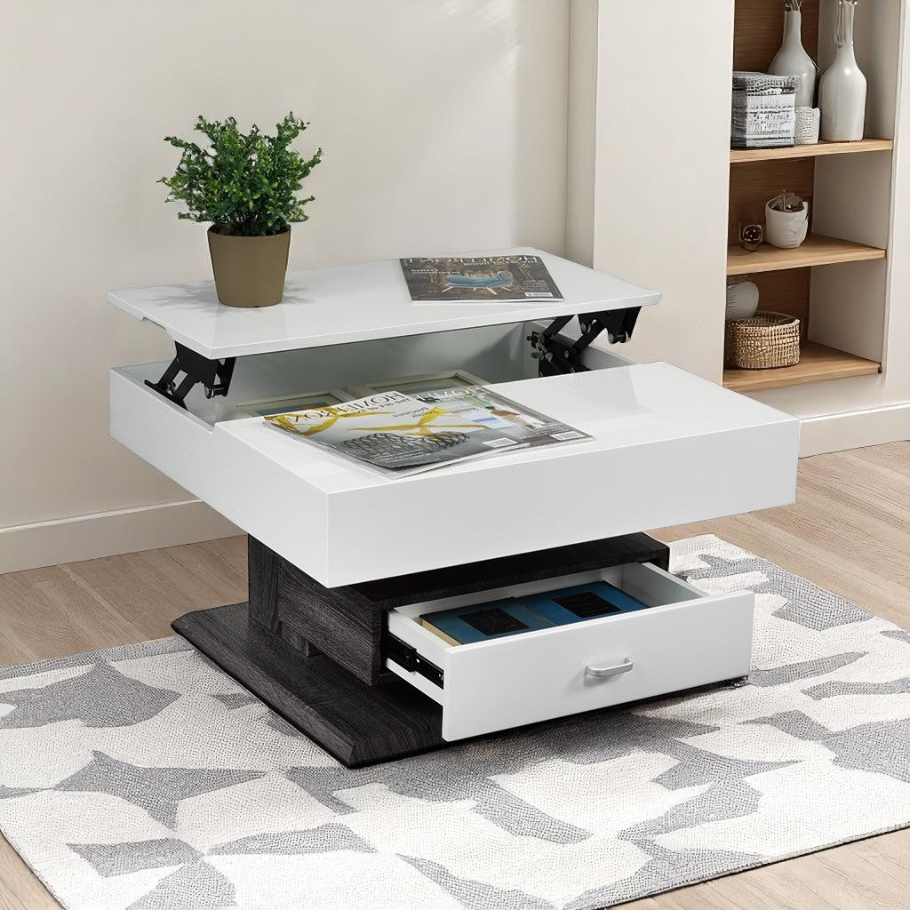 Serene Rotating Lift Top Coffee Table with Storage Drawer - White/Grey