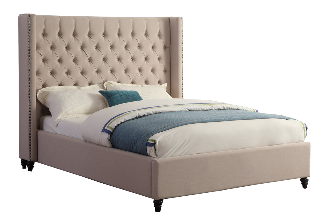 Luxurious King Platform Bed in Elegant Beige with Timeless Design - Tufted Headboard, Nail Head Trim, and Rich Finish