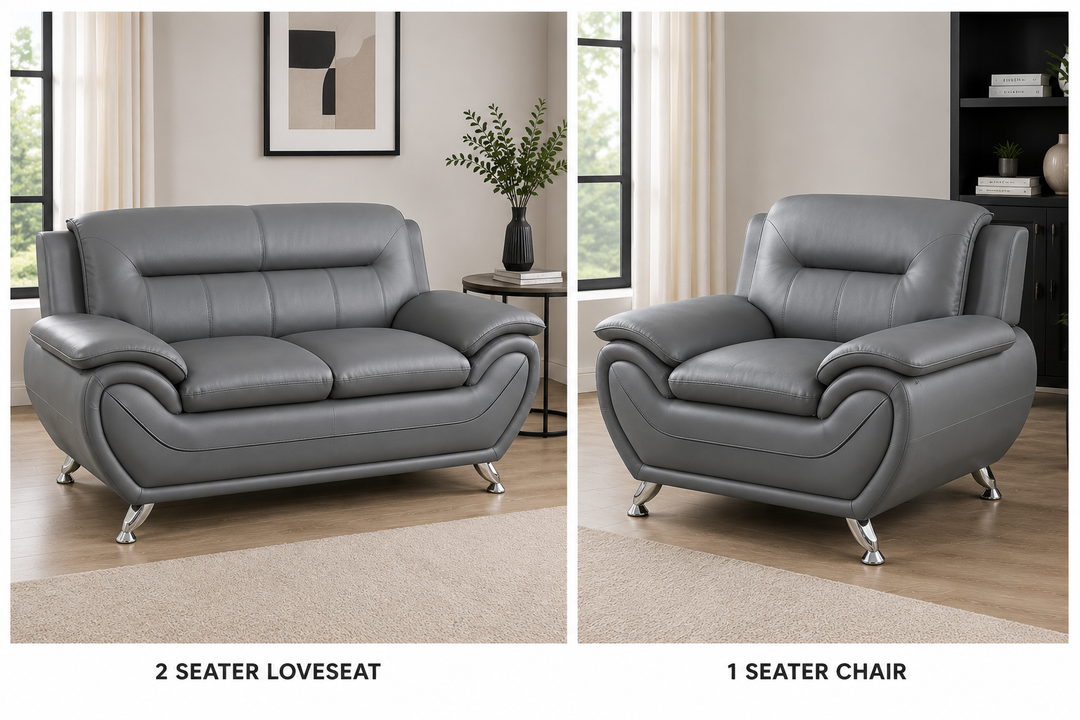 Gilan 3-Piece Sofa Set In Faux Leather Upholstery - Grey