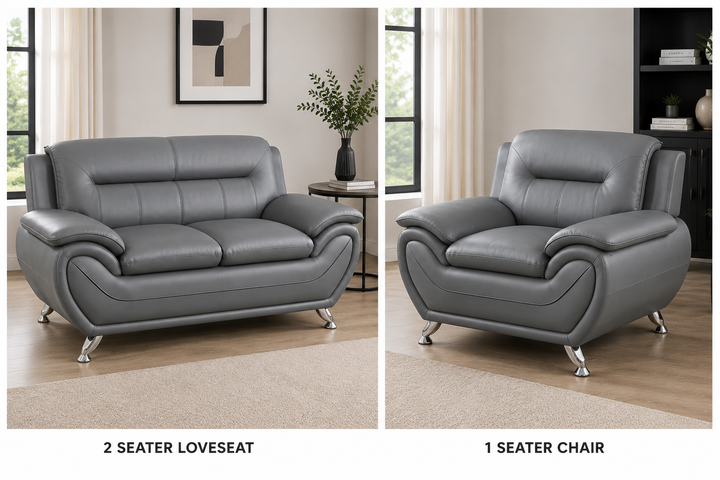 Gilan 3-Piece Sofa Set In Faux Leather Upholstery - Grey