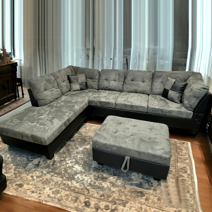 Eva Sofa Sectional Set with Left Storage Chaise and Ottoman - Grey/ Chocolate