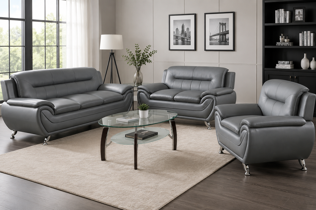 Gilan 3-Piece Sofa Set In Faux Leather Upholstery - Grey
