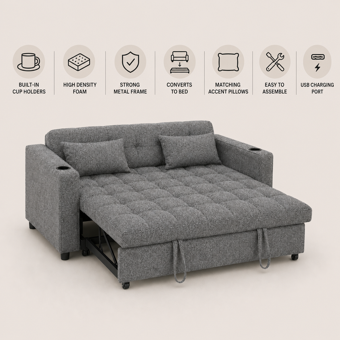 Aspire Fabric Upholstered Sofa Bed With USB Charging Ports - Grey