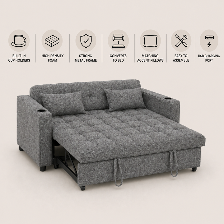 Aspire Fabric Upholstered Sofa Bed With USB Charging Ports - Grey